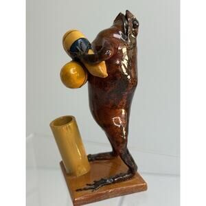 Vtg Mexican Folk Art Taxidermy Frog Playing Maracas Pen Holder Oddity Weird